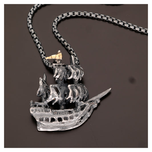 Ghost Pirate Ship Necklace in Antiqued Silver
